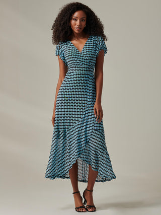 Geo Print Ruffle Hem Mesh Maxi Dress, Blue Geo