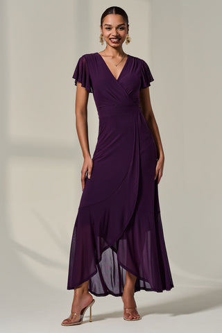 Plain Wrap Mesh Maxi Dress, Dark Purple