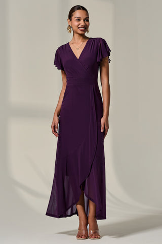Plain Wrap Mesh Maxi Dress, Dark Purple
