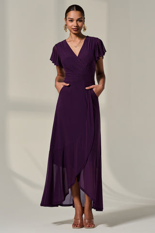 Plain Wrap Mesh Maxi Dress, Dark Purple