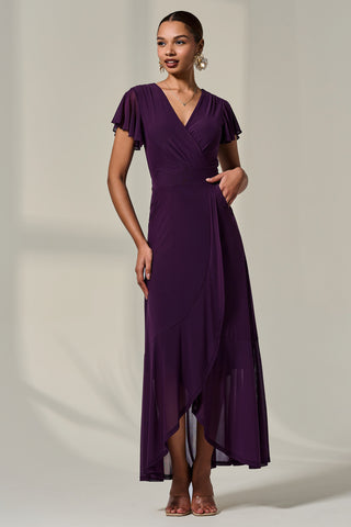 Plain Wrap Mesh Maxi Dress, Dark Purple