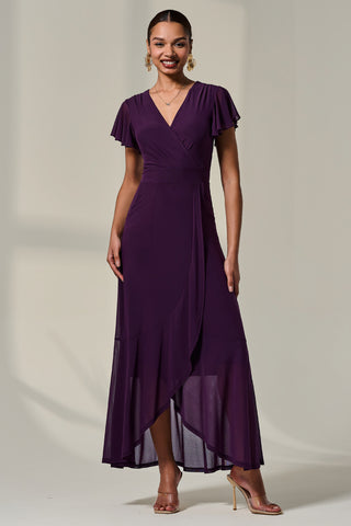 Plain Wrap Mesh Maxi Dress, Dark Purple