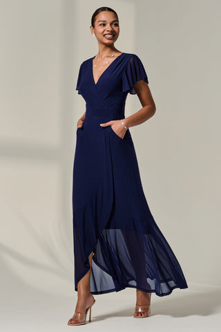 Plain Wrap Mesh Maxi Dress, Navy