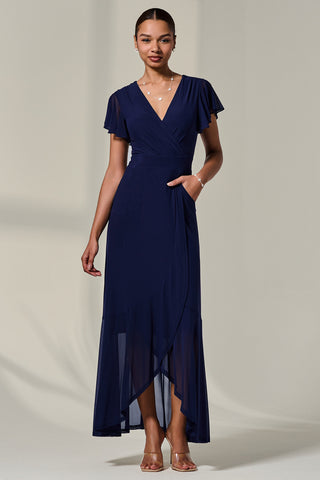 Plain Wrap Mesh Maxi Dress, Navy