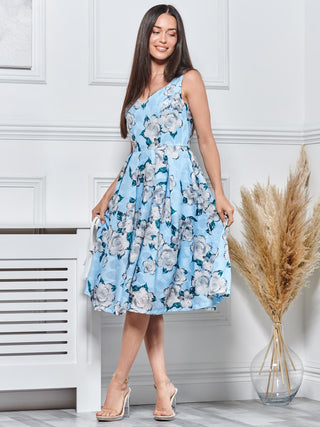 Floral Print Textured Prom Dress, Blue Floral