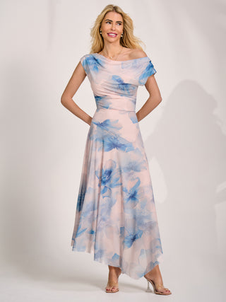 Asymmetric Draped Mesh Maxi Dress, Blue Floral