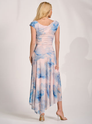 Asymmetric Draped Mesh Maxi Dress, Blue Floral