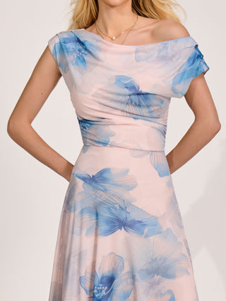 Asymmetric Draped Mesh Maxi Dress, Blue Floral