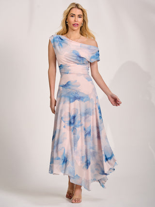 Asymmetric Draped Mesh Maxi Dress, Blue Floral