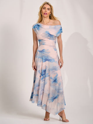 Asymmetric Draped Mesh Maxi Dress, Blue Floral