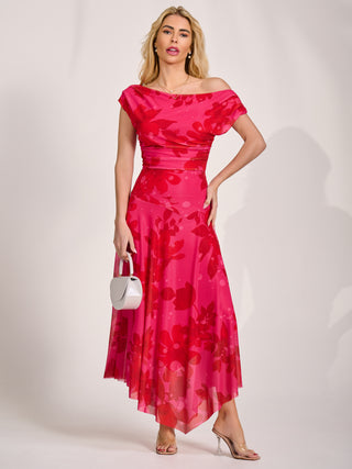 Asymmetric Draped Mesh Maxi Dress, Red Floral
