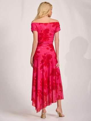 Asymmetric Draped Mesh Maxi Dress, Red Floral