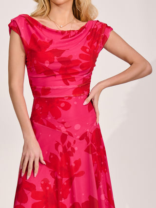 Asymmetric Draped Mesh Maxi Dress, Red Floral