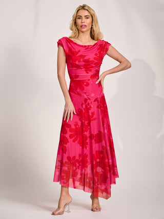 Asymmetric Draped Mesh Maxi Dress, Red Floral