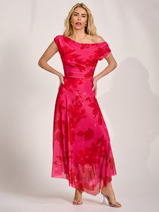 Asymmetric Draped Mesh Maxi Dress, Red Floral