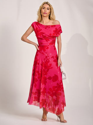 Asymmetric Draped Mesh Maxi Dress, Red Floral