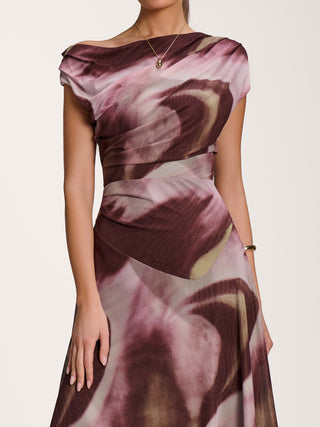 Asymmetric Draped Mesh Dress, Brown Multi