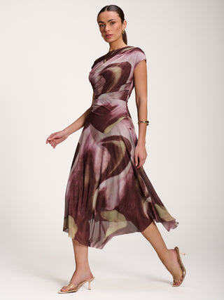 Asymmetric Draped Mesh Dress, Brown Multi