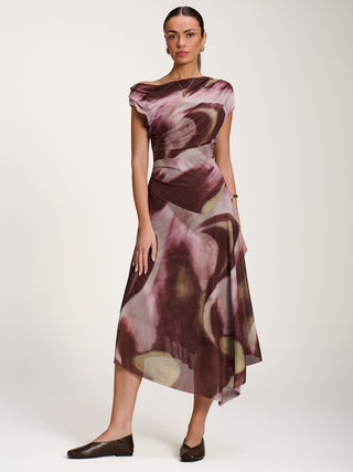 Asymmetric Draped Mesh Dress, Brown Multi