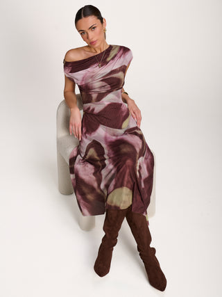 Asymmetric Draped Mesh Dress, Brown Multi