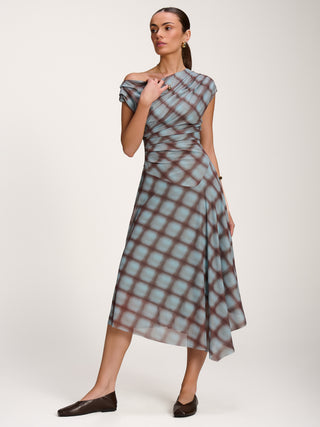 Asymmetric Draped Mesh Dress, Blue Check