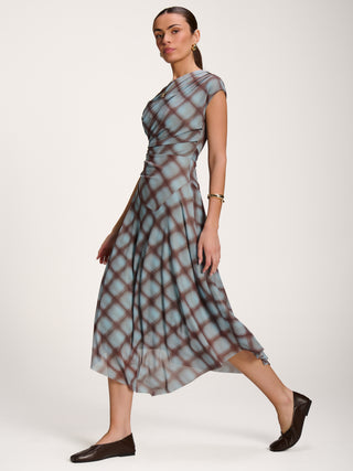 Asymmetric Draped Mesh Dress, Blue Check