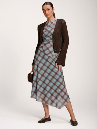 Asymmetric Draped Mesh Dress, Blue Check
