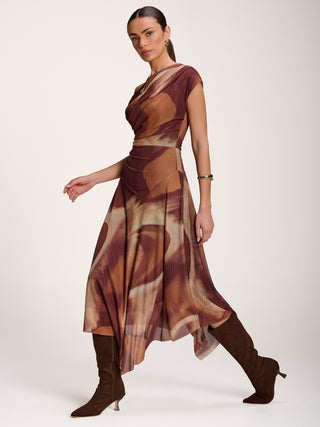 Asymmetric Draped Mesh Dress, Brown Abstract