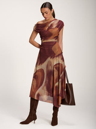 Asymmetric Draped Mesh Dress, Brown Abstract