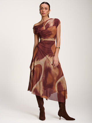 Asymmetric Draped Mesh Dress, Brown Abstract