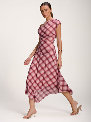 Asymmetric Draped Mesh Dress, Pink Check