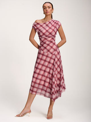 Asymmetric Draped Mesh Dress, Pink Check