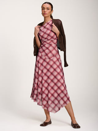 Asymmetric Draped Mesh Dress, Pink Check
