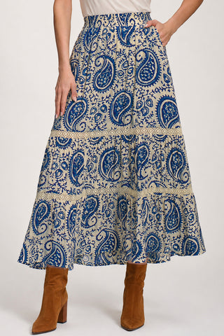 Lace Trim Tiered Maxi Skirt, Blue Paisley