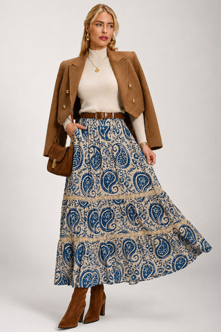 Lace Trim Tiered Maxi Skirt, Blue Paisley