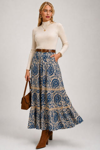Lace Trim Tiered Maxi Skirt, Blue Paisley