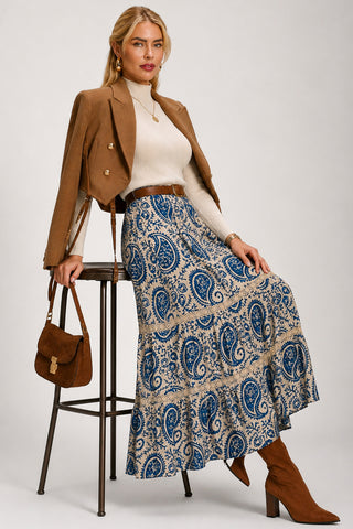 Lace Trim Tiered Maxi Skirt, Blue Paisley