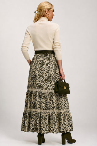 Lace Trim Tiered Maxi Skirt, Khaki Paisley