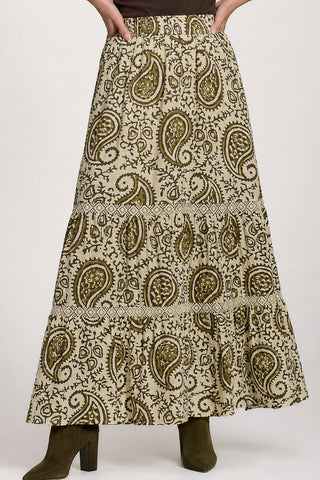 Lace Trim Tiered Maxi Skirt, Khaki Paisley