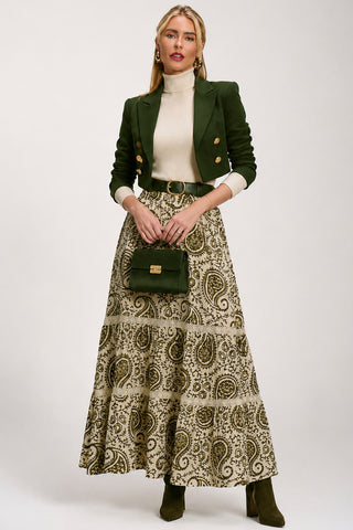 Lace Trim Tiered Maxi Skirt, Khaki Paisley