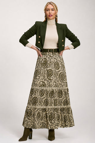 Lace Trim Tiered Maxi Skirt, Khaki Paisley