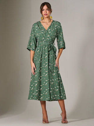 Tie Front Half Sleeve Midi Dress, Green Floral Jolie Moi Retail Tie Front Half Sleeve Midi Dress, Green Floral Jolie Moi Retail