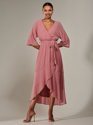 dusky pink wrap dress Midi Linen Wrap Dress in Pale Pink