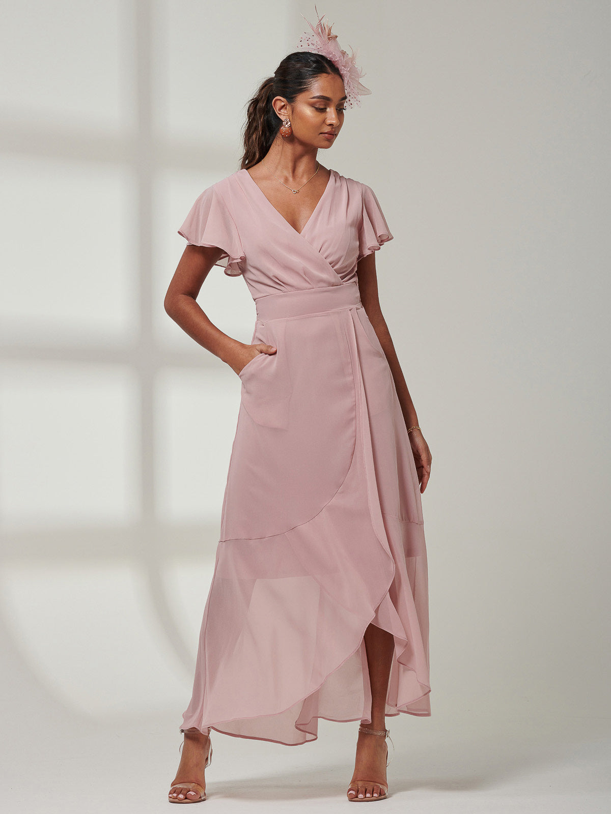ワンピース Ruffle frill chiffon docking onepiece Vicky Chiffon Frill Maxi Dress, Pink – Jolie Moi Retail