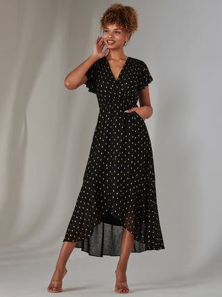 Metallic Spot Textured Chiffon Maxi Dress, Black