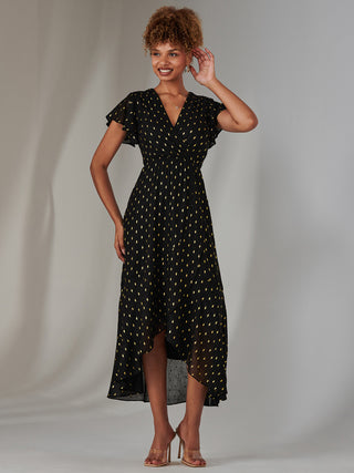 Metallic Spot Textured Chiffon Maxi Dress, Black