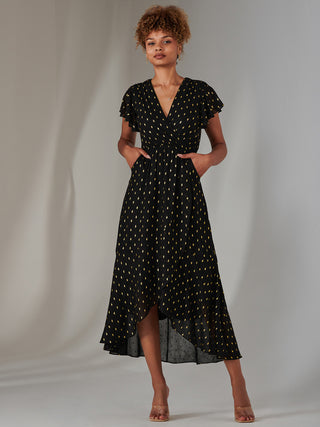 Metallic Spot Textured Chiffon Maxi Dress, Black