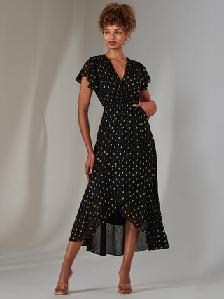 Metallic Spot Textured Chiffon Maxi Dress, Black