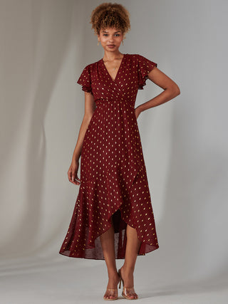 Metallic Spot Textured Chiffon Maxi Dress, Burgundy