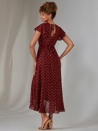 Metallic Spot Textured Chiffon Maxi Dress, Burgundy